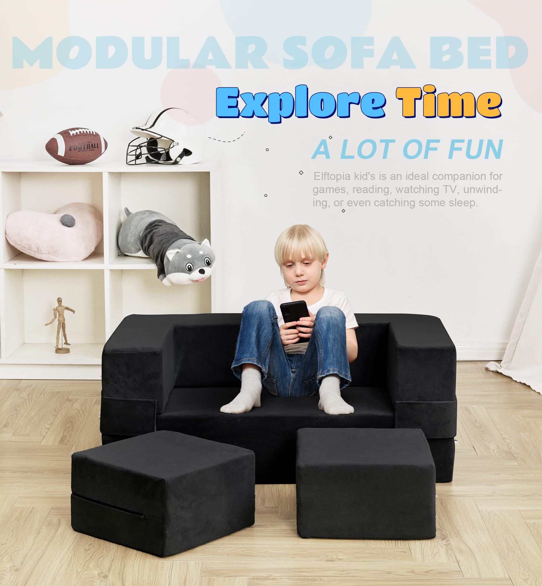 Elftopia Modular Kids Sofa,Toddler Couch Foam Armchair for Kids, Children Convertible Plush Sofa Play Set,Fold Out Sofa Bed(Black)