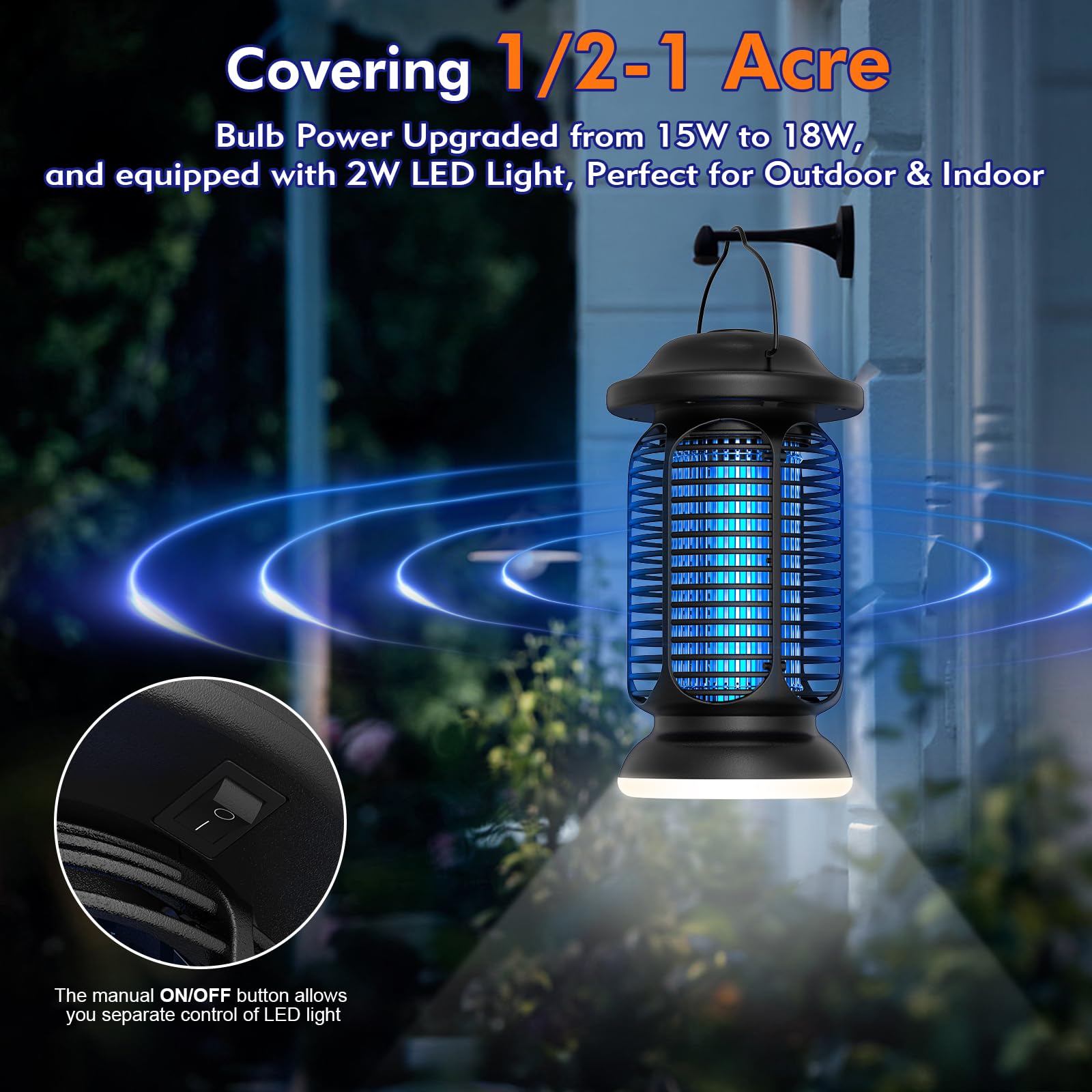 AMUFER Bug Zapper Outdoor & Indoor, Upgraded 18W Exclusive Blue-Violet Light with 2W LED Lamp, 100% Increase in Mosquito Control Effect, Coverage of 1/2-1 Acre, Fly Zapper for Patio, Backyard, Home