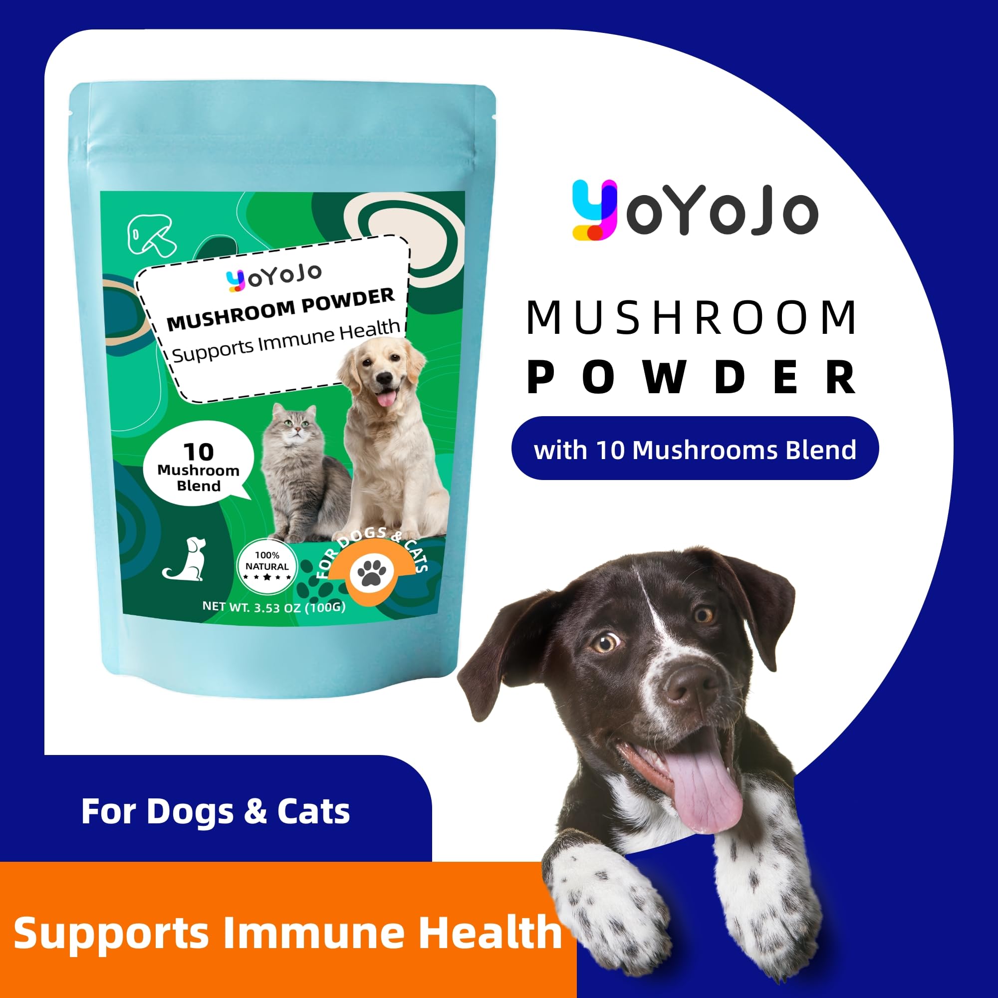 Mushrooms Extract Powder for Dogs & Cats - 10 Mushrooms Complex Pet Supplement for Immunity, Cellular Health, Cognition, Longevity - Lion's Mane, Turkey Tail, Reishi for Dogs & Cats - 3.53 oz / 100g