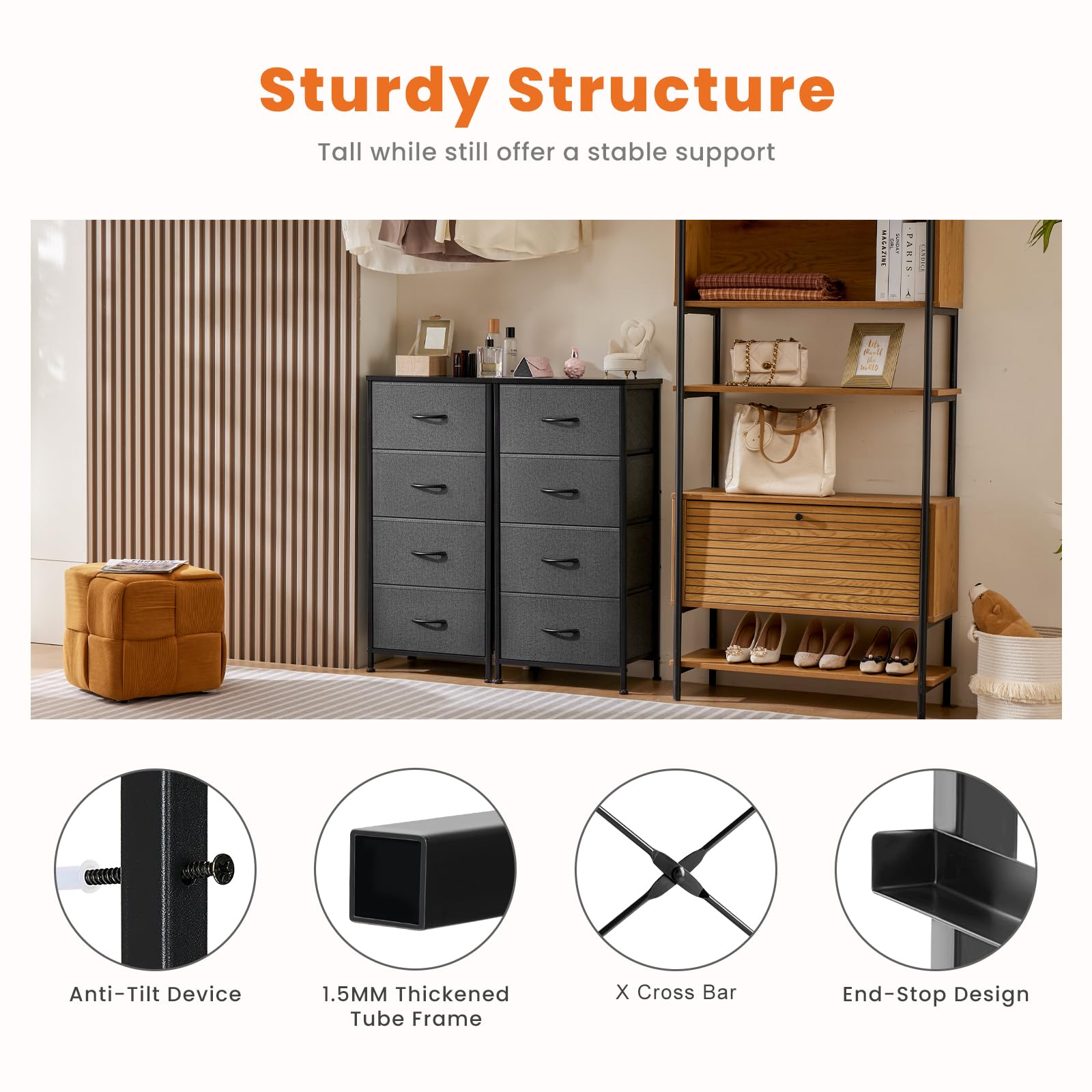 Sweetcrispy Dresser for Bedroom, Storage Drawers, Skinny Fabric Storage Tower with 4 Drawers, Tower Organizer Unit, Chest of Drawers with Wooden Top for Closet, Nursery, Laundry, Entryway