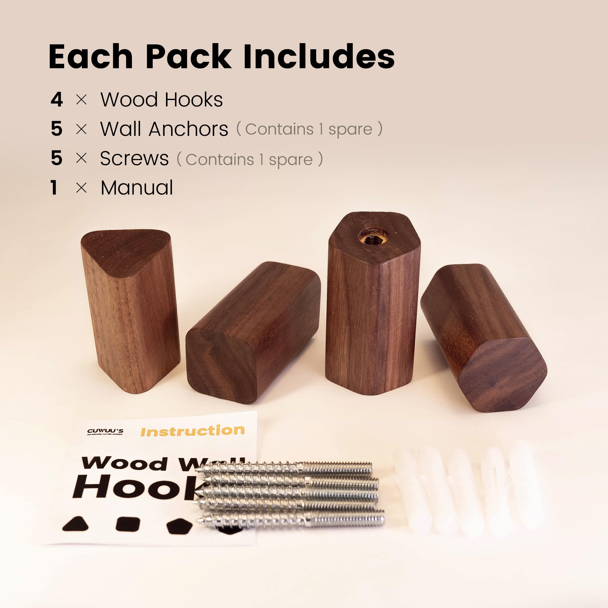 cuwuu's Modern Wood Wall Hooks 4 Pack Coat Hooks Natural Wooden Rack Mounted in Bathroom Entryway for Hanging Clothes Towels Backpacks Hats Keys Wood Wall Decor Hooks(Walnut Wood)