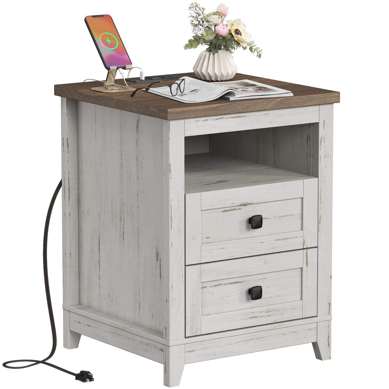 Lifewit Farmhouse Nightstand with Power Outlets and USB Ports, Bedside Table with 2 Drawers and 1 Open Storage Space, Side Table, End Table, Night Stand for Bedroom, Rustic White