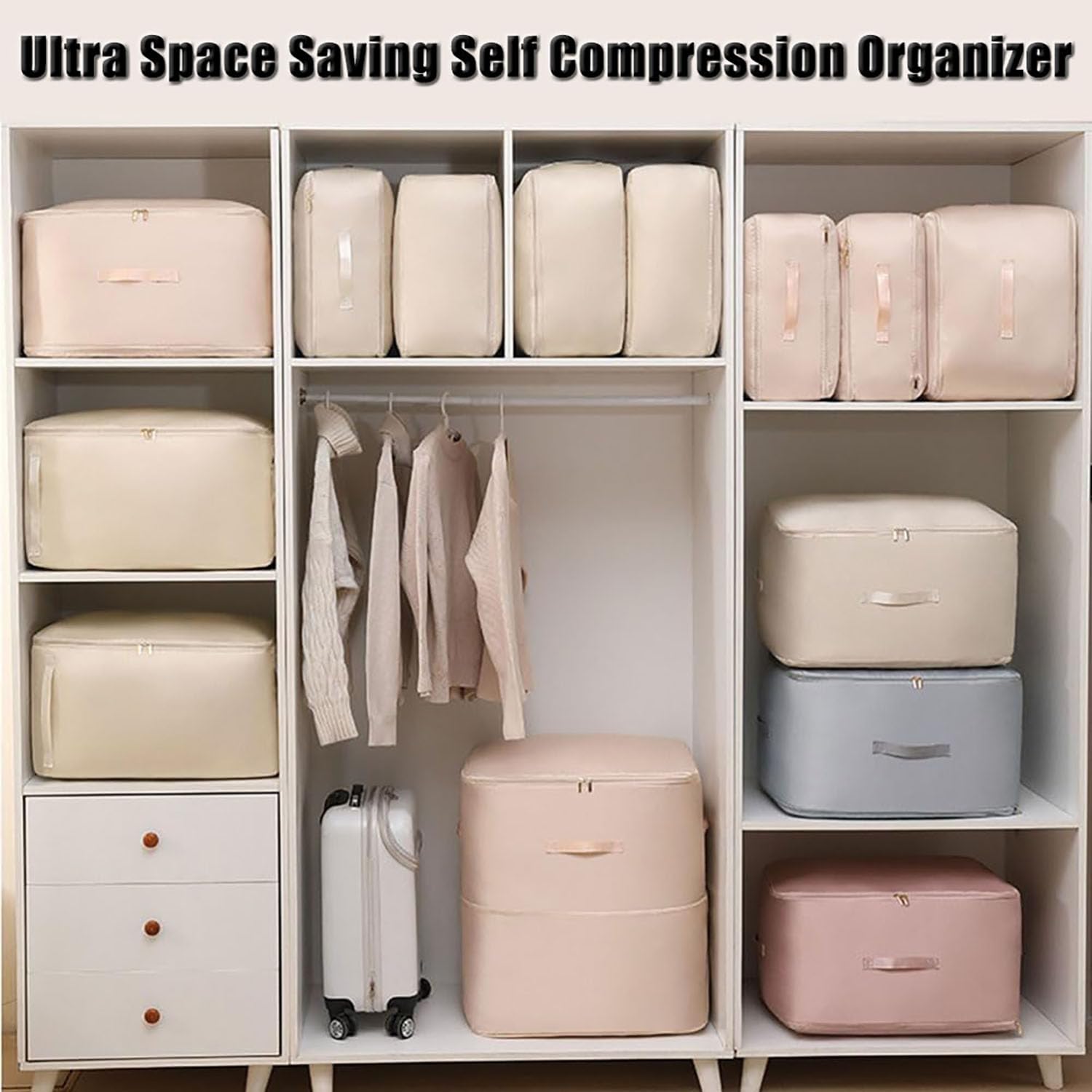 Space Saving Self Compression Organizer, Heavy Duty Moving Bags, Ultra Space Saving Storage Tote for Comforters, Clothes, Blankets, Bedding (Gray, L(21.2 * 16.5 * 11.8in))