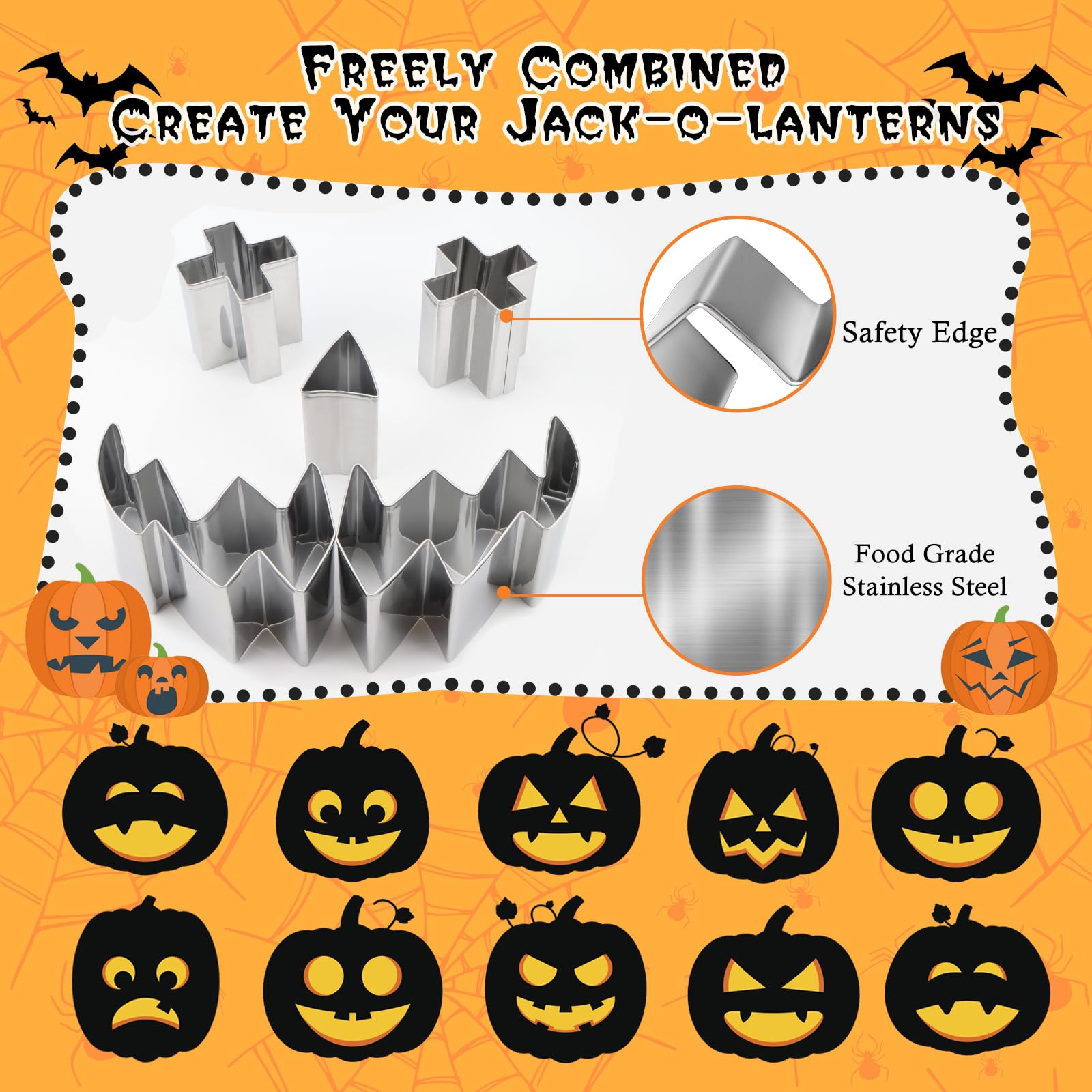 49PCS Pumpkin Carving Kit for Kids Adults, Halloween Pumpkin Carving Tools, 23 PCS Stainless Steel Pumpkin Carving Stencils with 24 Halloween Bat Stickers & 2 Carving Tools