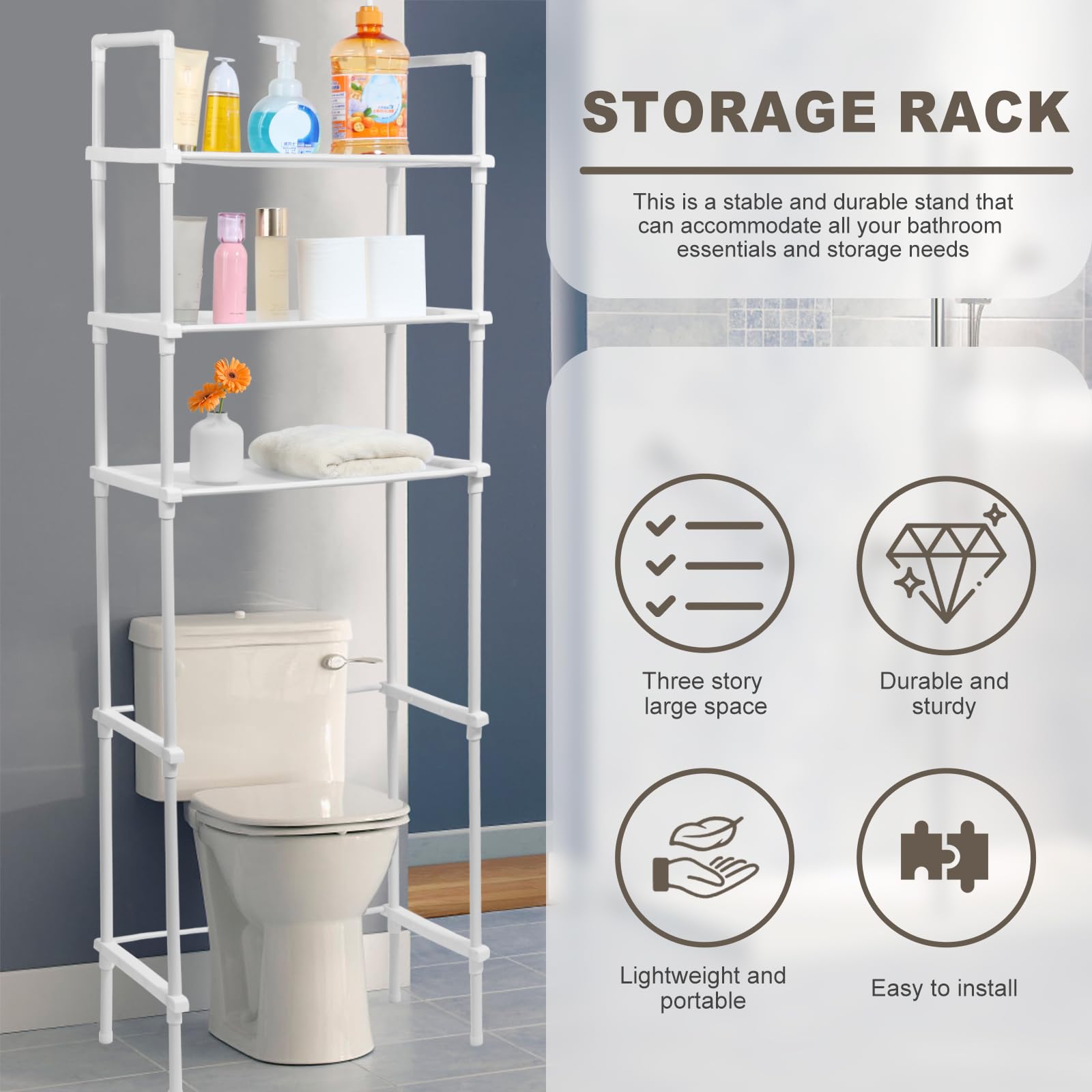 3 Tier Over The Toilet Storage Shelf, Over The Toilet Storage Cabinet, Over The Toilet Storage Rack, Above Toilet Storage Cabinet, Freestanding Above Toilet Shelf, Space Saving (White)