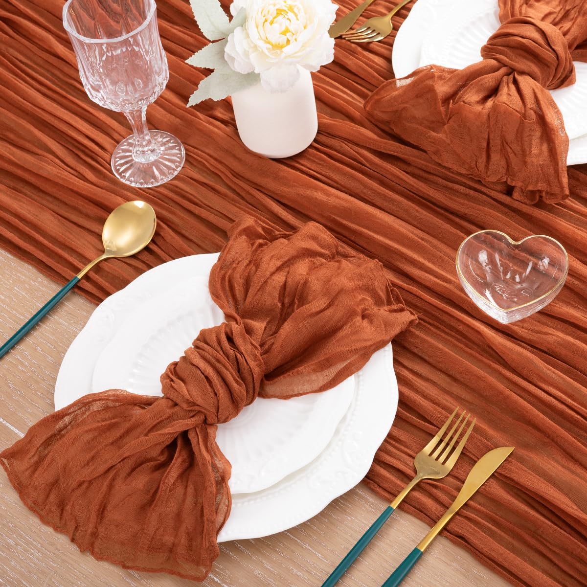 MLMC 3 Pack Fall Table Runner Terracotta Cheesecloth Table Runner 10ft Wrinkled Rustic Burnt Orange Cheese Cloth Table Runner Bulk 35x120 Inches for Thanksgiving Bridal Baby Shower Decor