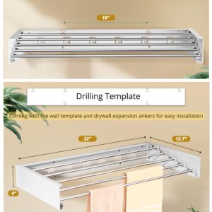 Vasunray Wall Mounted Clothes Drying Rack Folding Indoor, Foldable Laundry Drying Rack Collapsible,Invisible, Space Saving, Retractable Towel Drying Rack, with Wall Template(5 Drying Rods, White 32")