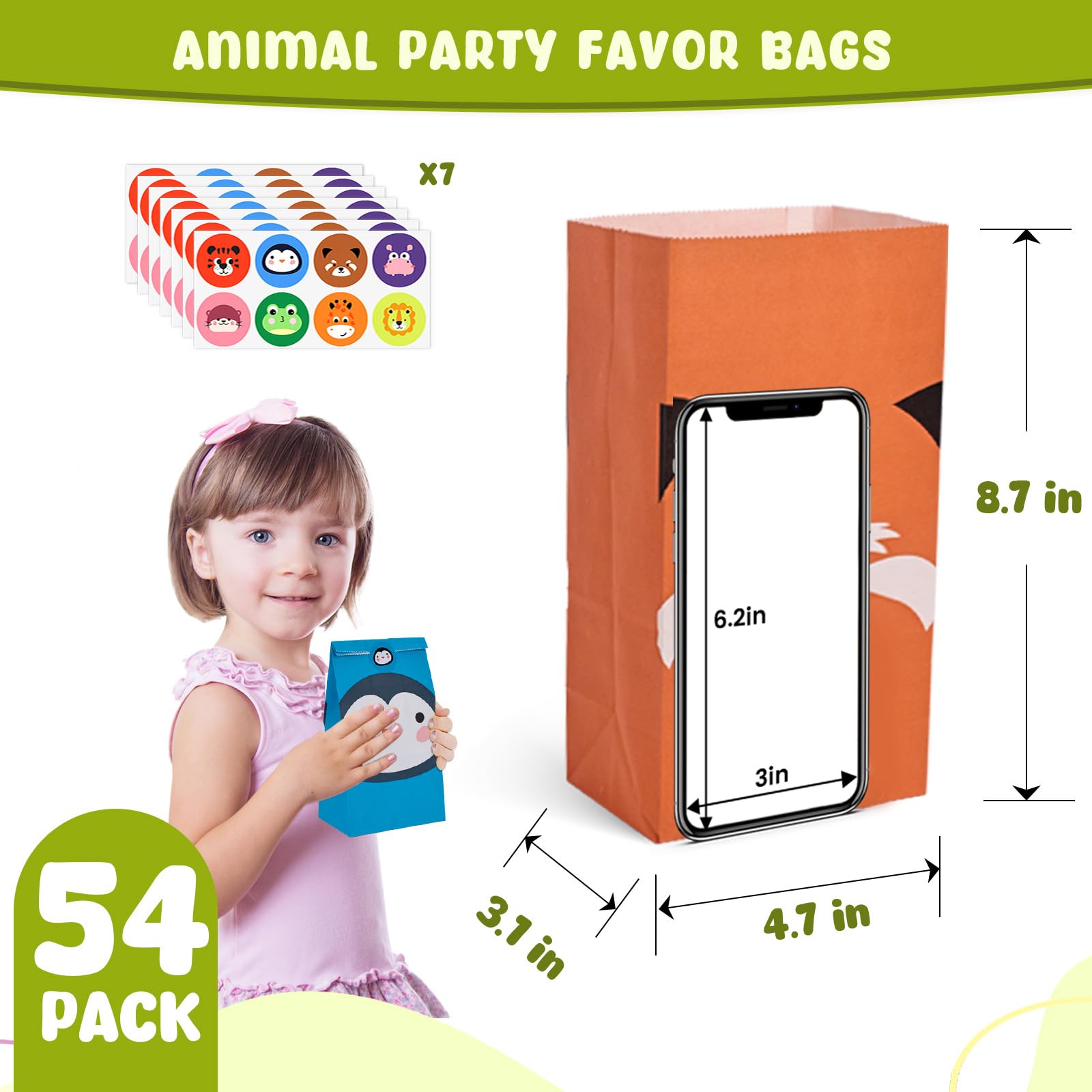 VGOODALL 54PCS Party Favor Bags, Animal Goodie Bags Paper Gift Bags with Stickers Treat Bags Return Gift Bags for Kids Birthday Party Supplies 4.7" x 3.1" x 8.7"