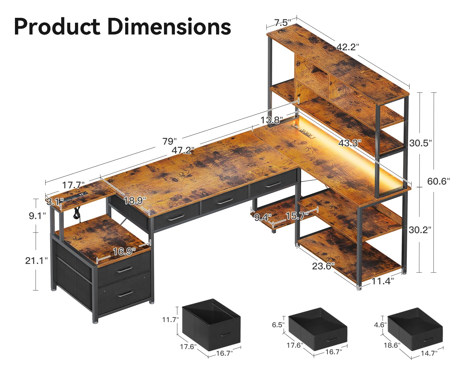 AODK 79 inch L Shaped Desk with File Drawers, Reversible L Shaped Gaming Desk with Power Outlets & LED Lights, Computer Desk with Storage Shelves for Home Office, Vintage