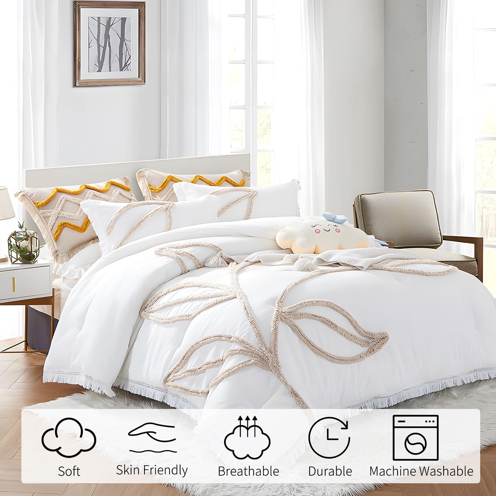 Rvciby Boho Leaf Duvet Cover Queen Size,Soft Microfiber Bedding Set with Tassel and Tufted Pattern,3 Pieces,1 Duvet Cover with Zipper Closure & Corner Ties and 2 Pillow Shams,90 X 90 Inches (White)