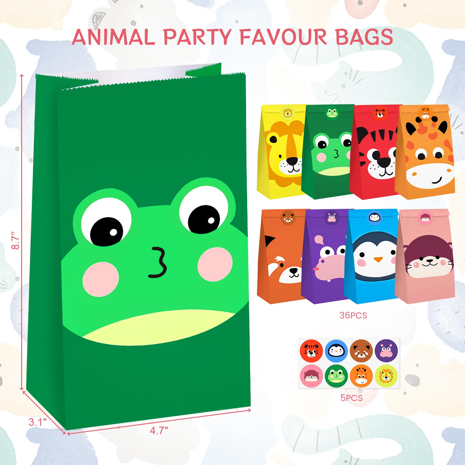 VGOODALL 36PCS Party Favor Bags, Animal Goodie Bags Paper Gift Bags with Stickers Treat Bags Return Gift Bags for Kids Birthday Party Supplies 4.7" x 3.1" x 8.7"