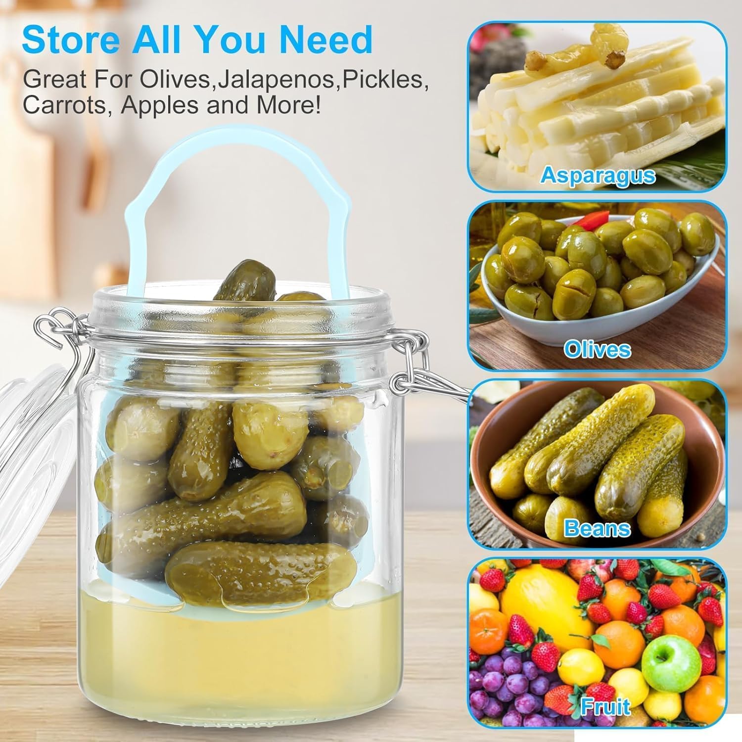 Glass Pickle Jar with Strainer, 25oz Pickle Container with Pickle Holder Keeper Lifter, Pickle Storage Flip Jar for Olives, Gherkins, Sliced Pickles