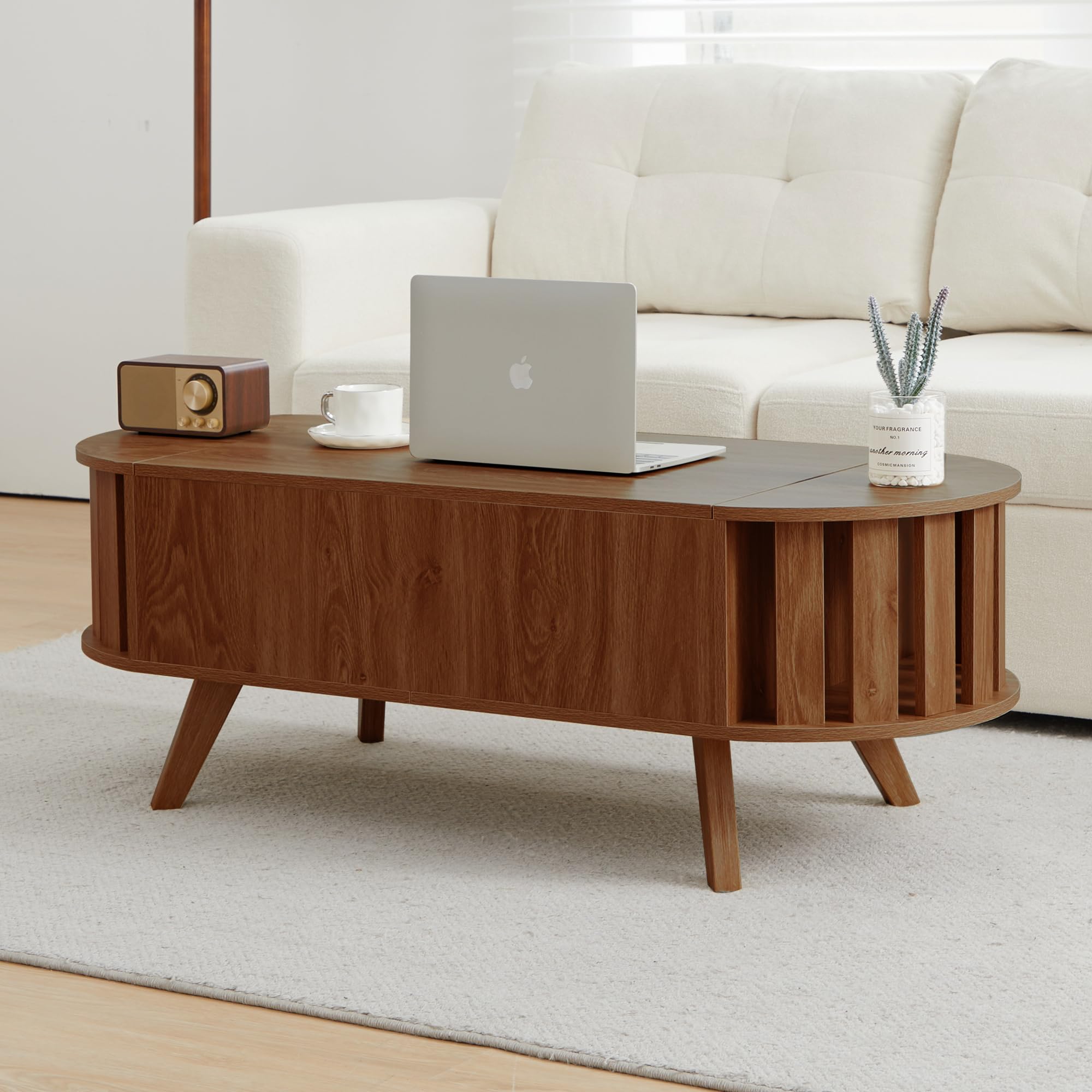 Wood Lift Top Coffee Table with Hidden Storage, 47.24" Oval Lift Table Top Curved Profile Design Low Tea Table for Living Room, Office(Walnut)