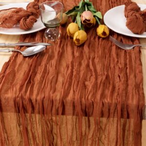 MLMC 3 Pack Fall Table Runner Terracotta Cheesecloth Table Runner 10ft Wrinkled Rustic Burnt Orange Cheese Cloth Table Runner Bulk 35x120 Inches for Thanksgiving Bridal Baby Shower Decor