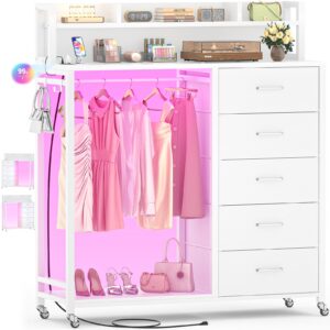 cyclysio dresser for bedroom with clothes rack & shelves, white 5 drawers dresser with charging station & led lights, chest of drawers with lockable wheels, storage shelves, bedroom, closet,entryway