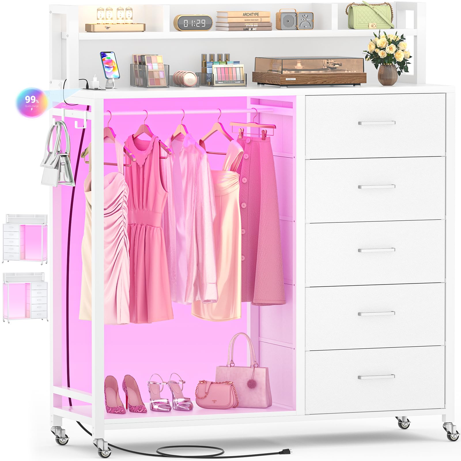 Cyclysio Dresser for Bedroom with Clothes Rack & Shelves, White 5 Drawers Dresser with Charging Station & LED Lights, Chest of Drawers with Lockable Wheels, Storage Shelves, Bedroom, Closet,Entryway