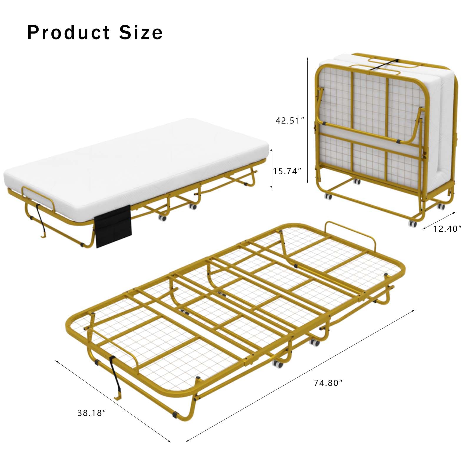 Folding Bed with Mattress, 75x38 Twin Size Fold Up Bed, 5-inch Memory Foam, Portable Foldable Roll Away Adult Bed with Lockable Wheels, Easy Assembly & Moving, Space-Saving (WhiteGold)