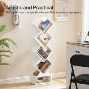 HOOBRO Bookshelf, 5-Tier Tree Bookcase, White Modern Heart Shaped Floor Standing Book Storage Rack for CDs in Small Space, Wooden Shelf for Study, Home Office, Living Room, Bedroom, White WT05SJ01