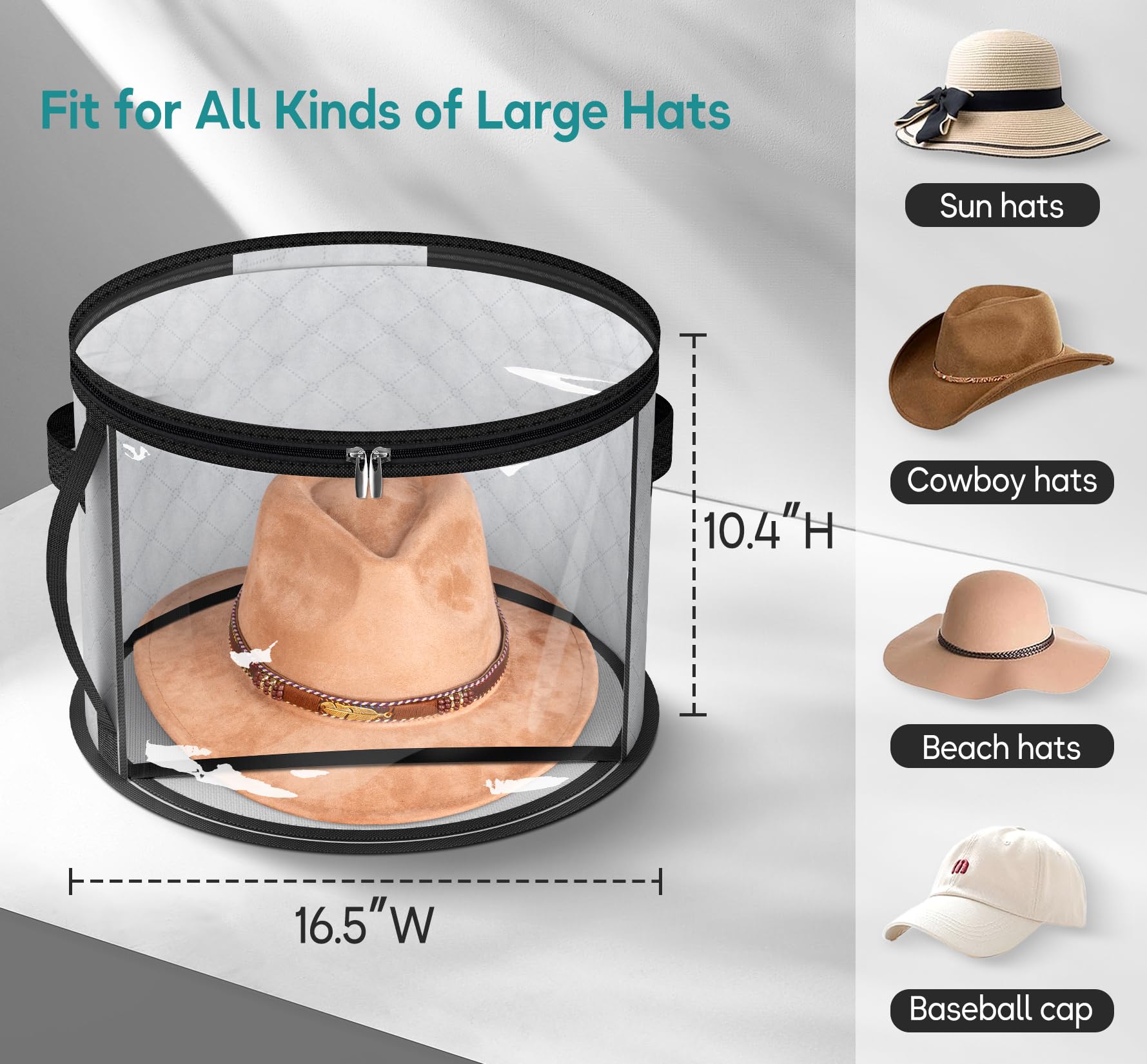 AOODA Oversized Clear Hat Storage Bag for Women, Holds up to 7 Caps Cowboy Hat Organizer for Closet, Wide Brims Hat Case with Carrying Handles (Grey)