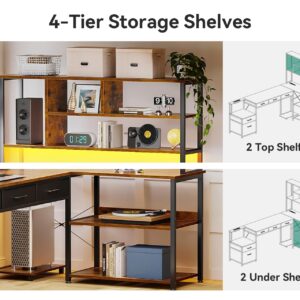AODK 79 inch L Shaped Desk with File Drawers, Reversible L Shaped Gaming Desk with Power Outlets & LED Lights, Computer Desk with Storage Shelves for Home Office, Vintage