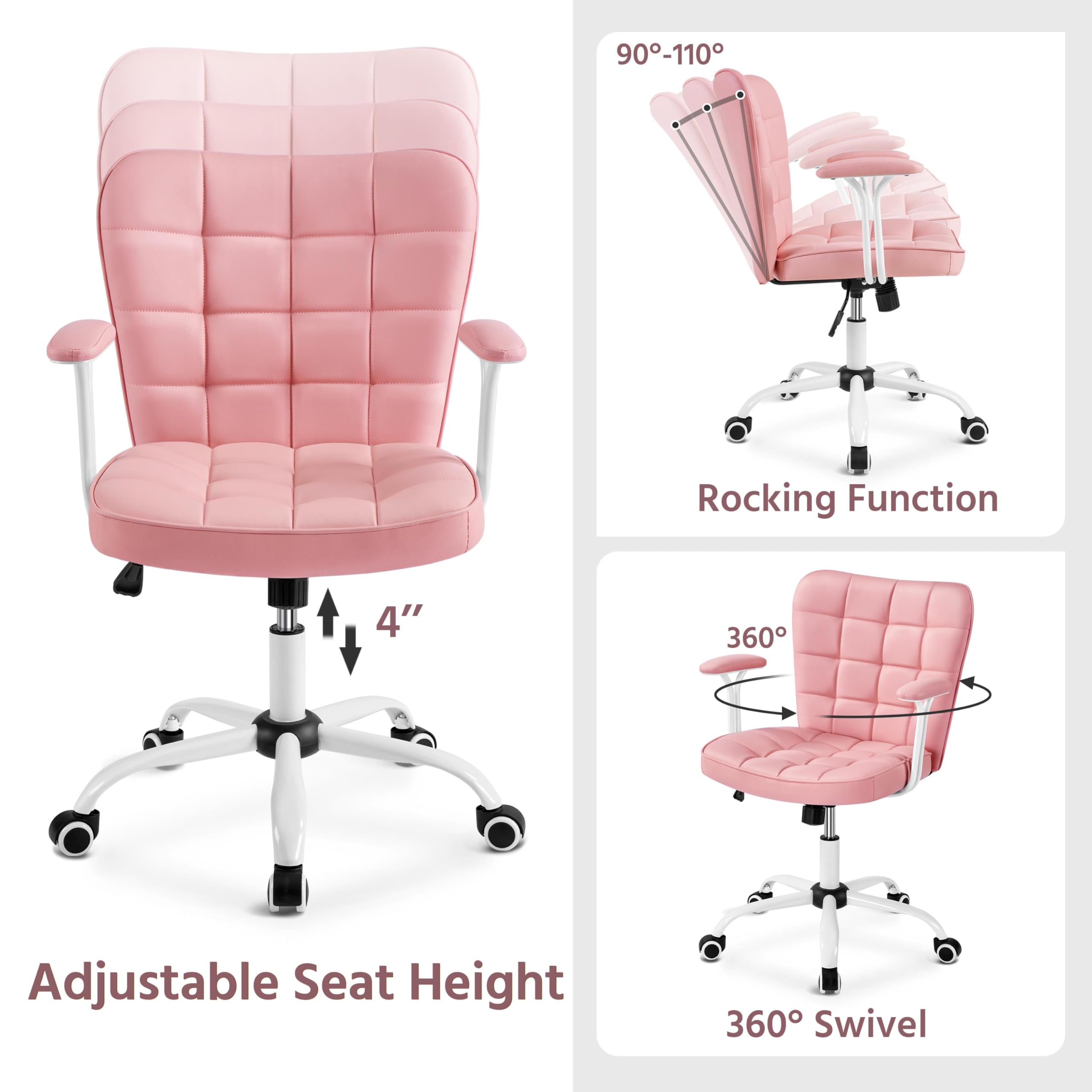 Yaheetech Mid Back Faux Leather Office Chair Adjustable Tilting Vanity Chair Modern Upholstered Desk Chair Task Chair with Detachable Padded Armrests for Home/Office,Pink