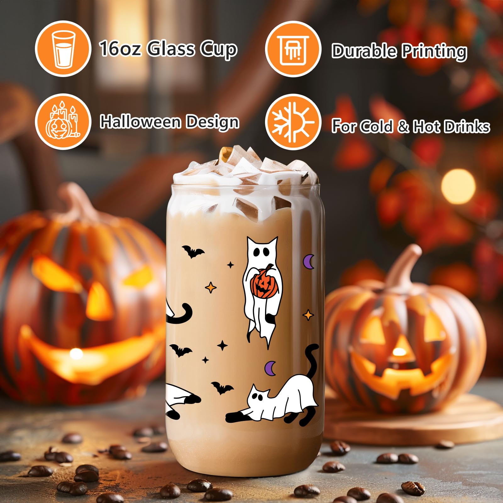 LEADO Halloween Cat Ghost Iced Coffee Cup, Halloween Glass Cup with Lids & Straws, 16 oz Cute Halloween Bat Spooky Tumbler - Boo Basket Stuffers, Halloween Fall Gifts for Cat Lover, Women, Her