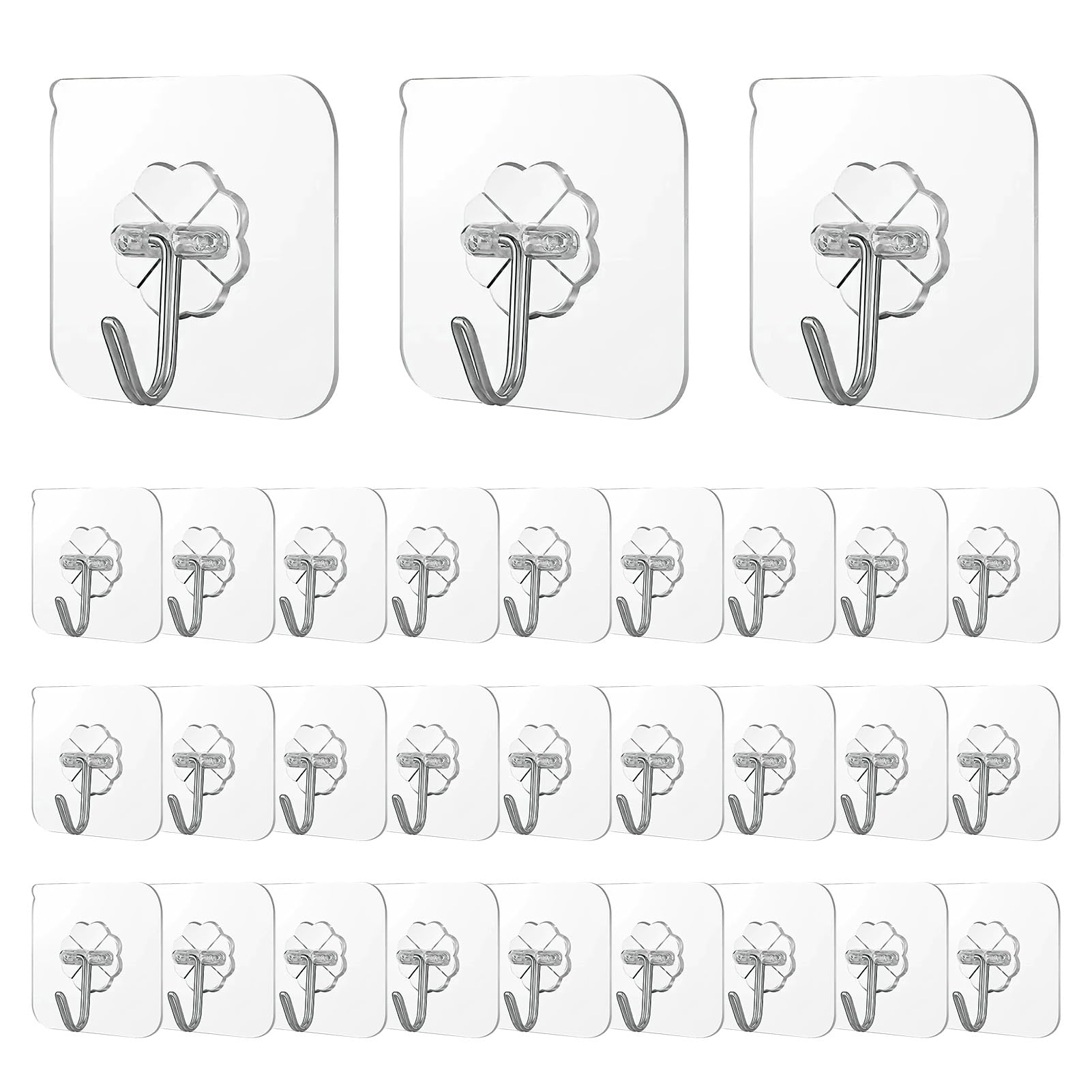 hoeslaw Self Adhesive Wall Hooks, 30 Pcs Heavy Duty Hooks for Hanging 15lbs(Max) No Damage, Transparent Seamless Waterproof Rustproof Stainless Steel Bathroom Shower Outdoor Kitchen Towel Coats Hooks