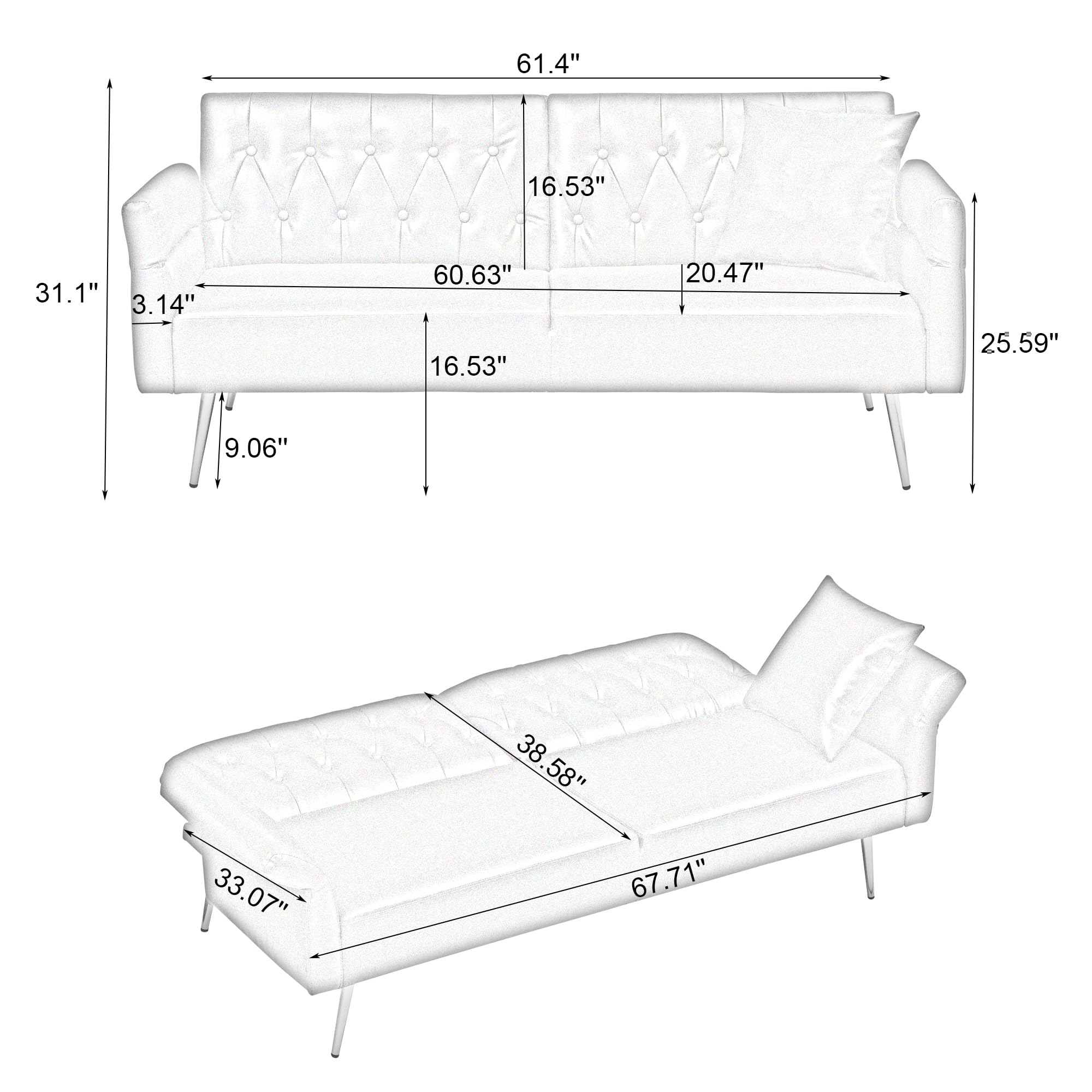 Elevon Futon Couch, Convertible Futon Sofa Bed, Faux Leather Folding Recliner Sleeper, Modern Lounge Sofa with Adjustable Armrests and Pillow for Living Room, Small Space, Office, Apartment, White