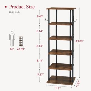 Tajsoon 6 Tier Tall Narrow Shoe Rack Organizer with 2 Hooks, Vertical Shoe Rack for Small Spaces, Shoe Shelf for 10-12 Pairs of Shoes, Small Shoe Rack for Closet, Entryway, Living Room, Bedroom