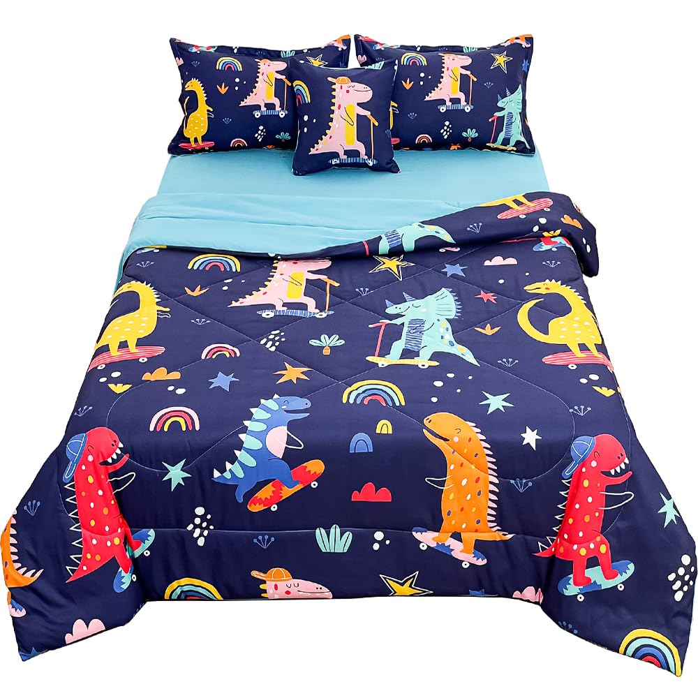 Megamayga Dinosaur Bedding Full Size for Boys 6 Pieces Dinosaur Comforter Set Full for Kids Bed in A Bag Comforter Set with Blue Sheets Stars Rainbow Print 3D Dino Bedding Skateboard Dinosaur Bed Set