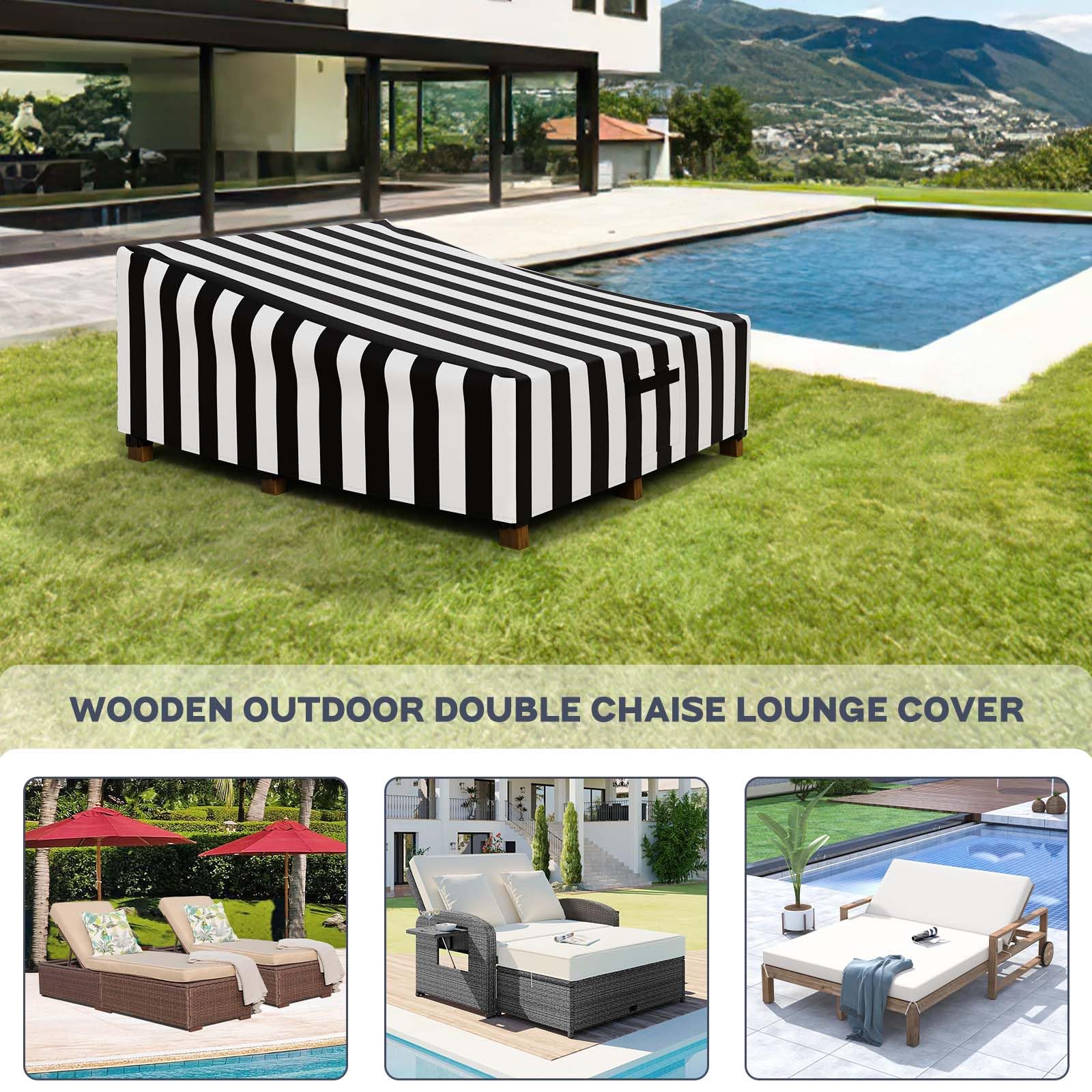 Hptmus Outdoor Double Wide Chaise Lounge Covers - Patio Chaise Lounge Covers Heavy Duty Waterproof Outdoor Patio Furniture Covers Lounge Chair Covers, 82"L x 57"W x 32"H(Black&White Stripe)