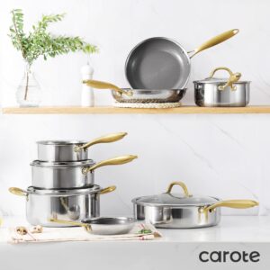 CAROTE Ceramic Tri-Ply Stainless Steel Cookware Set, 10Pcs Stainless Steel Pots and Pans with Tempered Glass Lids, Stay-Cool Handles, Dishwasher and Oven Safe up to 500°F