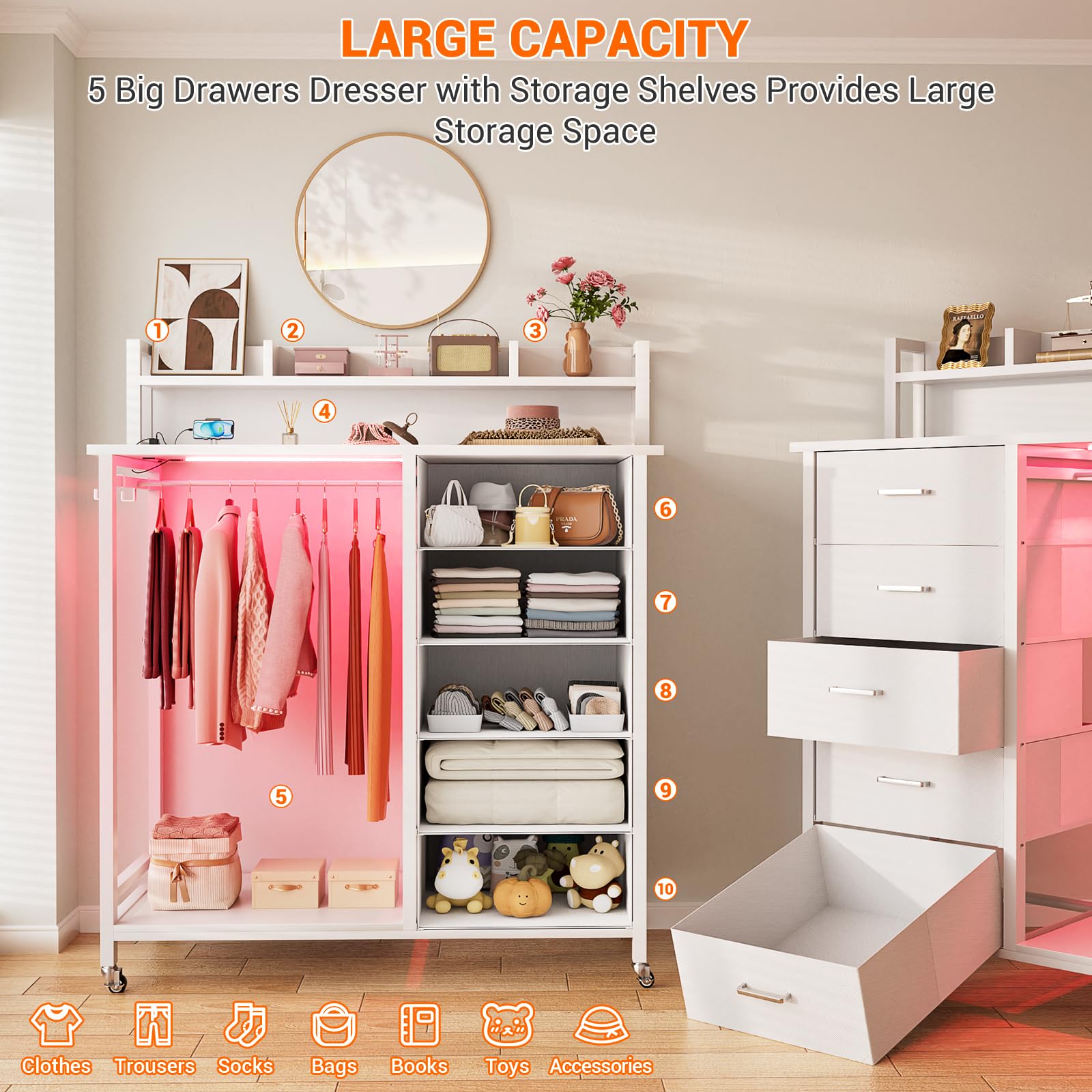 Cyclysio Dresser for Bedroom with Clothes Rack & Shelves, White 5 Drawers Dresser with Charging Station & LED Lights, Chest of Drawers with Lockable Wheels, Storage Shelves, Bedroom, Closet,Entryway