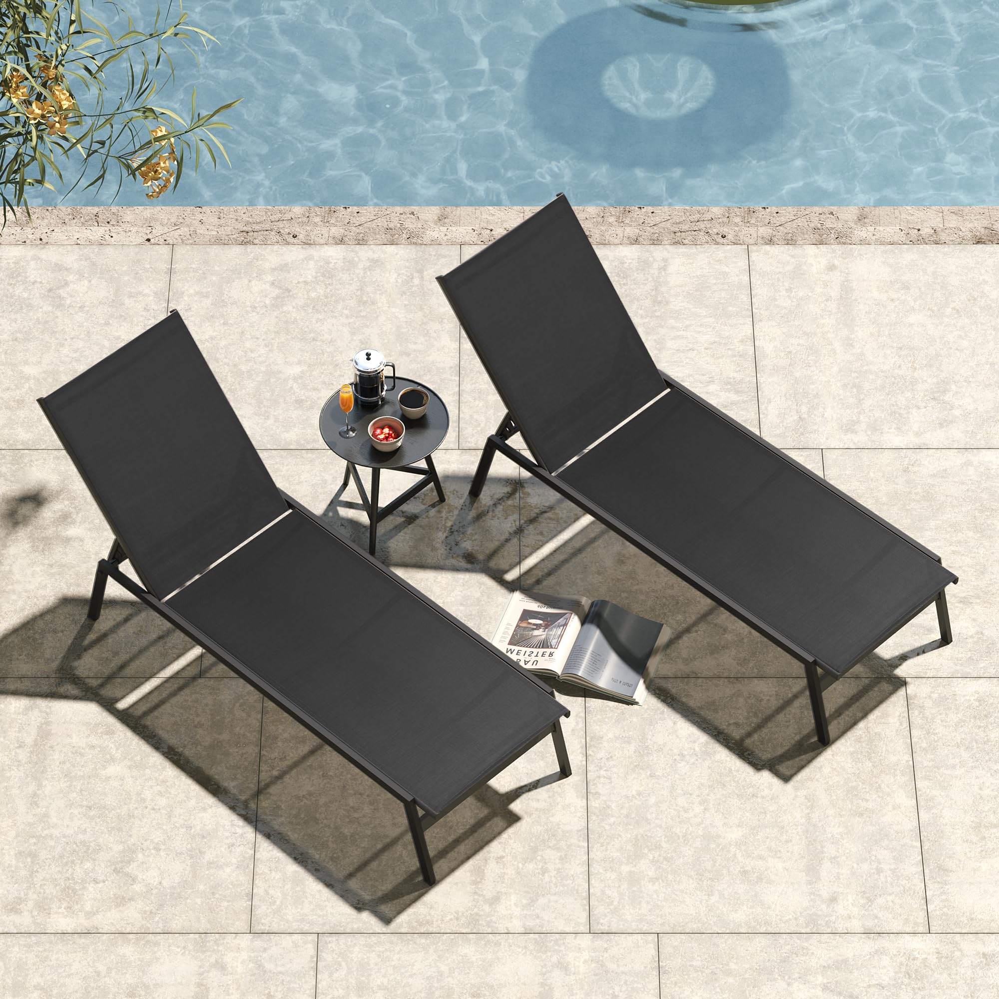 Pellebant Outdoor Lounge Chairs Set of 2, Patio Chaise Lounge, Rustproof Pool Lounge Chairs for Pool Deck Sunbath with Adjustable Backrest(2PCS,Black)