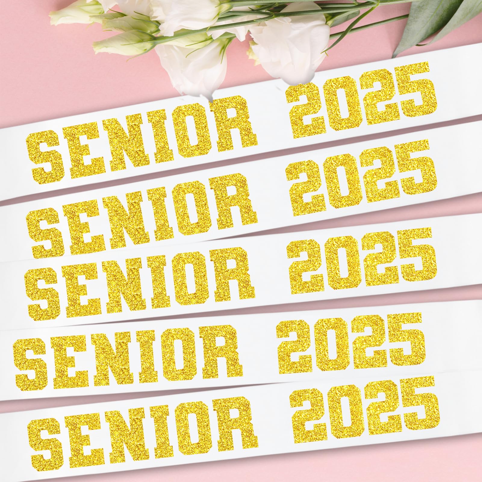 Generic 8 Pcs White Senior 2025 Sashes with Gold Glitter Letters - Graduation Celebration sash, Senior Sashes Class of 2025, Senior Cheer Sash, Class Competition Sashes, Graduation Party Supplies