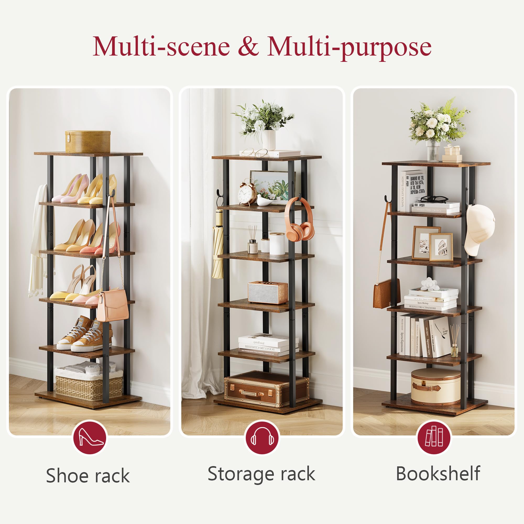 Tajsoon 6 Tier Tall Narrow Shoe Rack Organizer with 2 Hooks, Vertical Shoe Rack for Small Spaces, Shoe Shelf for 10-12 Pairs of Shoes, Small Shoe Rack for Closet, Entryway, Living Room, Bedroom