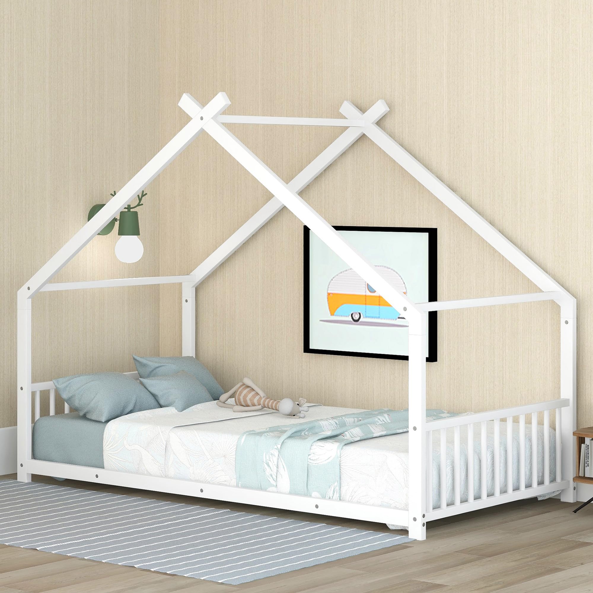 Kids Montessori Floor Bed with Headboard and Footboard, Metal Floor Bed with Slats, Twin Size House Floor Bed for Kids, White Montessori Bed Frame Twin Size