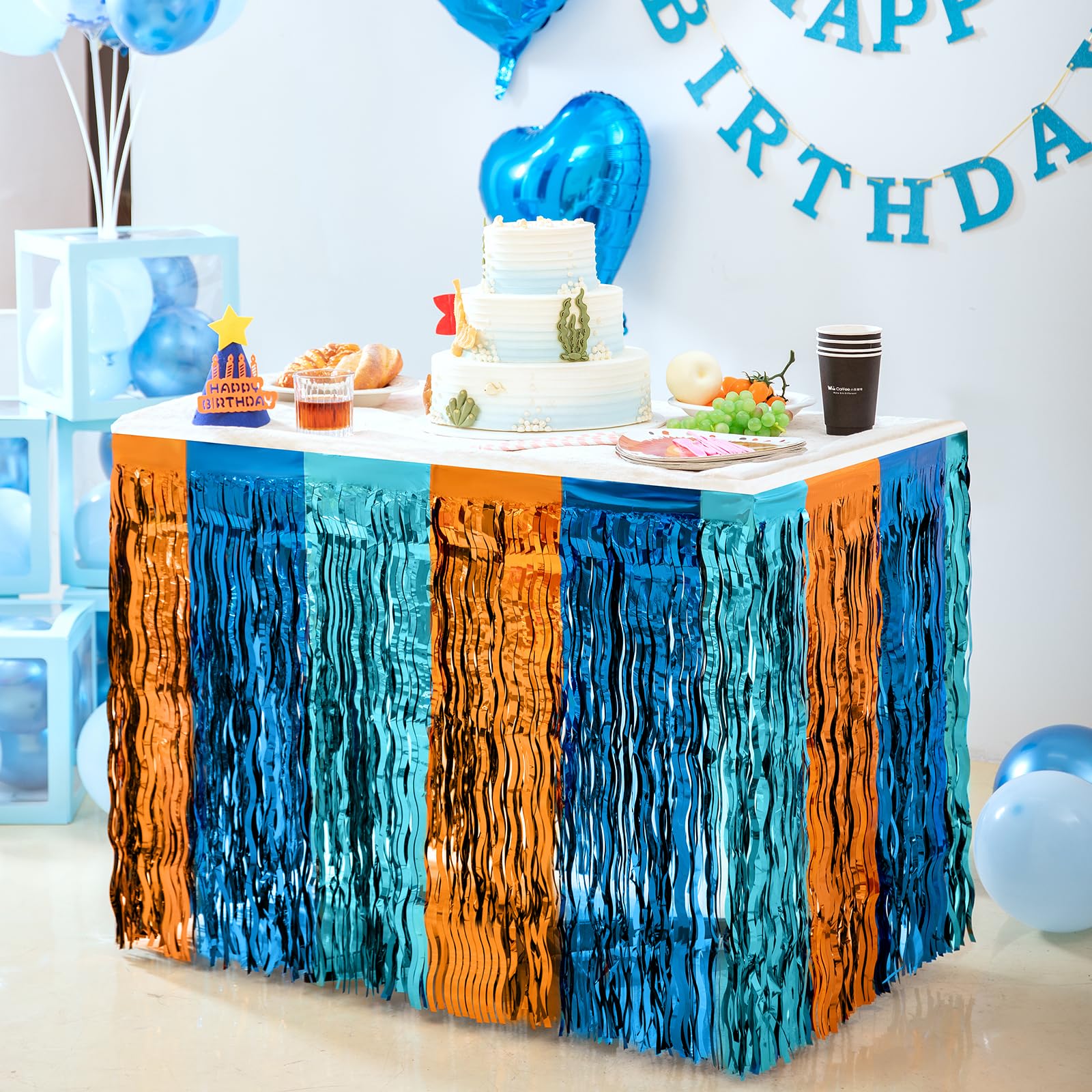 Blue Dog Birthday Party Decorations, Wavy Blue Orange Table Skirt Metallic Tinsel Foil Fringe Streamers for Square or Round Table (6ft/8ft), Blue Dog Themed Party Supplies - 29x108 Inches (2 Pcs)