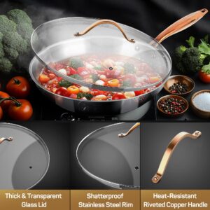 ciwete 12 Inch Tri-Ply Stainless Steel Frying Pan with Lid, Professional Quality Skillet Suitable for All Stove, Oven and Dishwasher Safe, PFOA PTFE PFOS Free, Fast and Even Heating