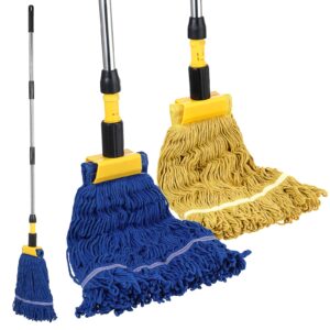 commercial mop, looped-end string industrial mop, heavy duty mops with 2 string mop heads for floor cleaning, blue/yellow