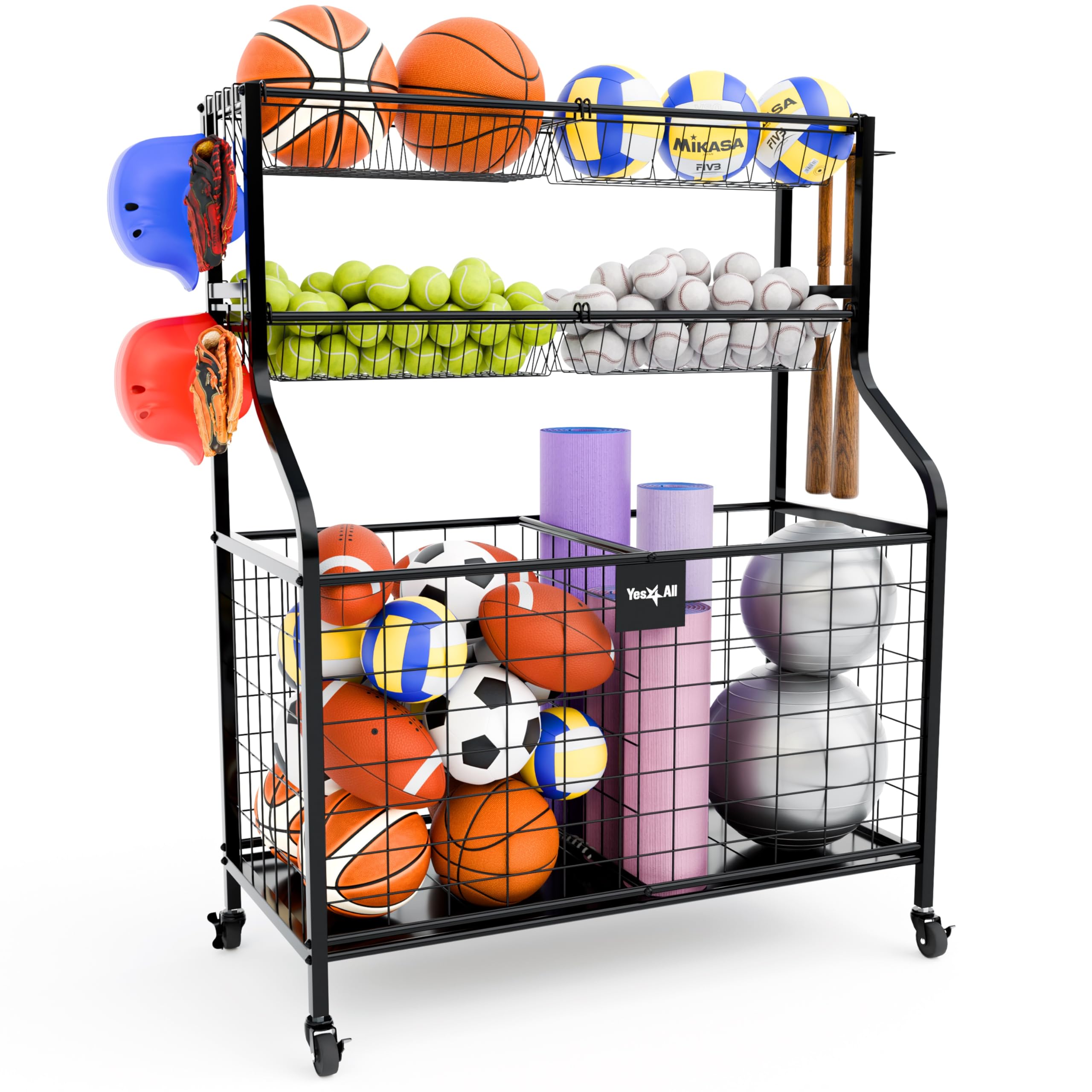 Yes4All Garage Sports Equipment Organizer, Garage Ball Storage, Rolling Ball Storage for Indoor/Outdoor Use, Steel, Black