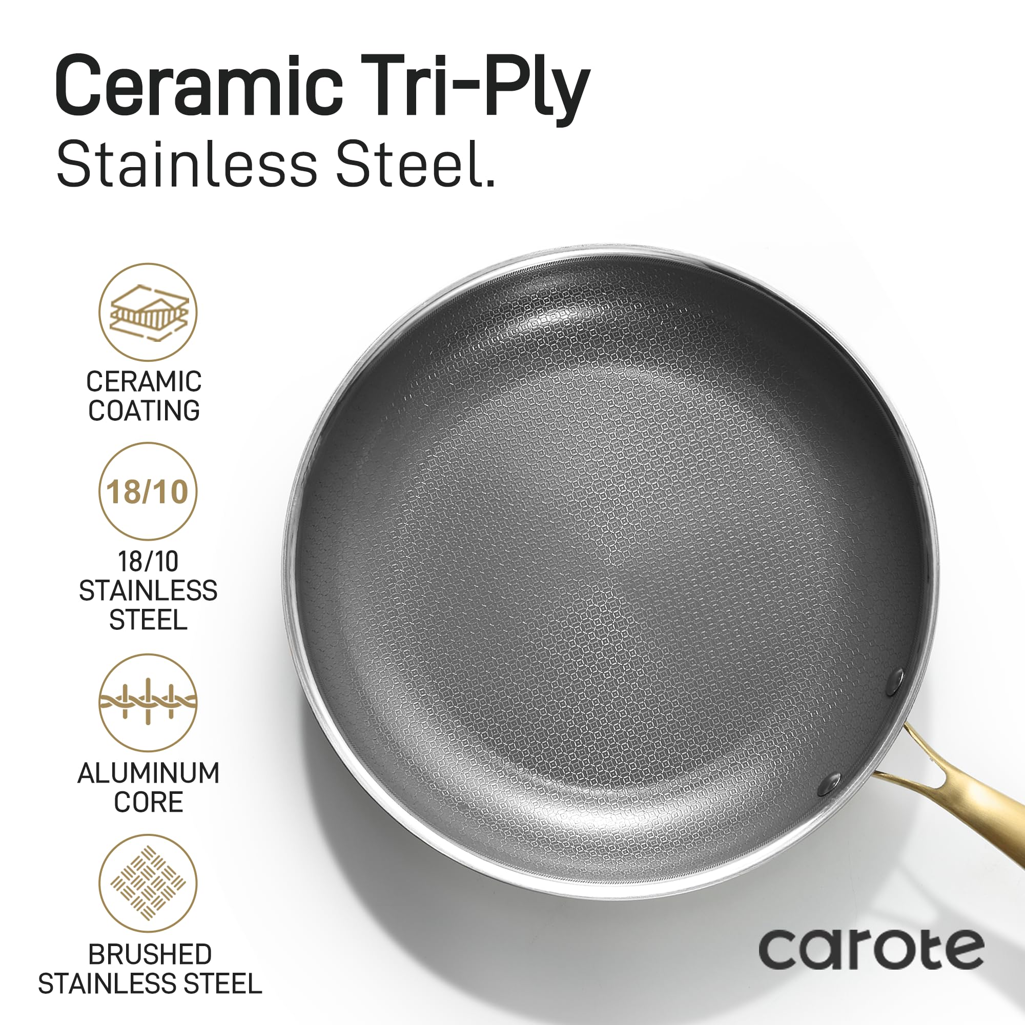 CAROTE Ceramic Tri-Ply Stainless Steel Cookware Set, 10Pcs Stainless Steel Pots and Pans with Tempered Glass Lids, Stay-Cool Handles, Dishwasher and Oven Safe up to 500°F