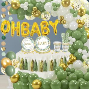 234 Pcs Sage Green Baby Shower Decorations, Neutral Baby Shower Decor Supplies- Disposable Dinnerware Set With Eucalyptus Leaf, "OH BABY" Banner, Balloon, Sash, Cake Topper, Paper Balls, Garland