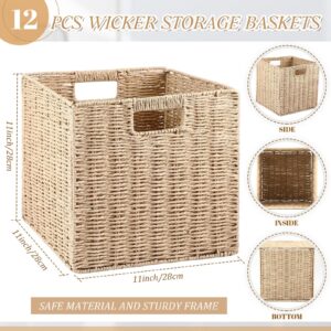 Vesici 12 Pcs Wicker Baskets Storage 11 Inch Wicker Baskets for Cube Rattan Storage Baskets Foldable Large Woven Wicker Basket with Handles for Organizer Shelves Pantry Living Room (Beige)