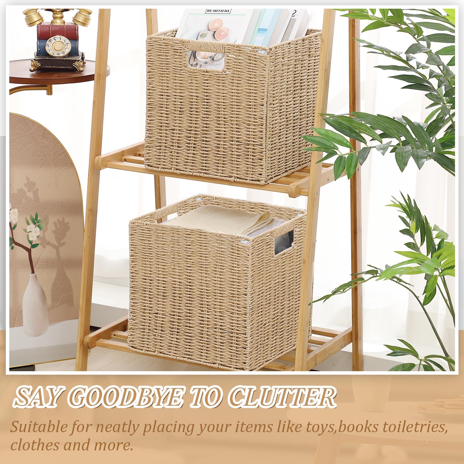 Vesici 12 Pcs Wicker Baskets Storage 11 Inch Wicker Baskets for Cube Rattan Storage Baskets Foldable Large Woven Wicker Basket with Handles for Organizer Shelves Pantry Living Room (Beige)