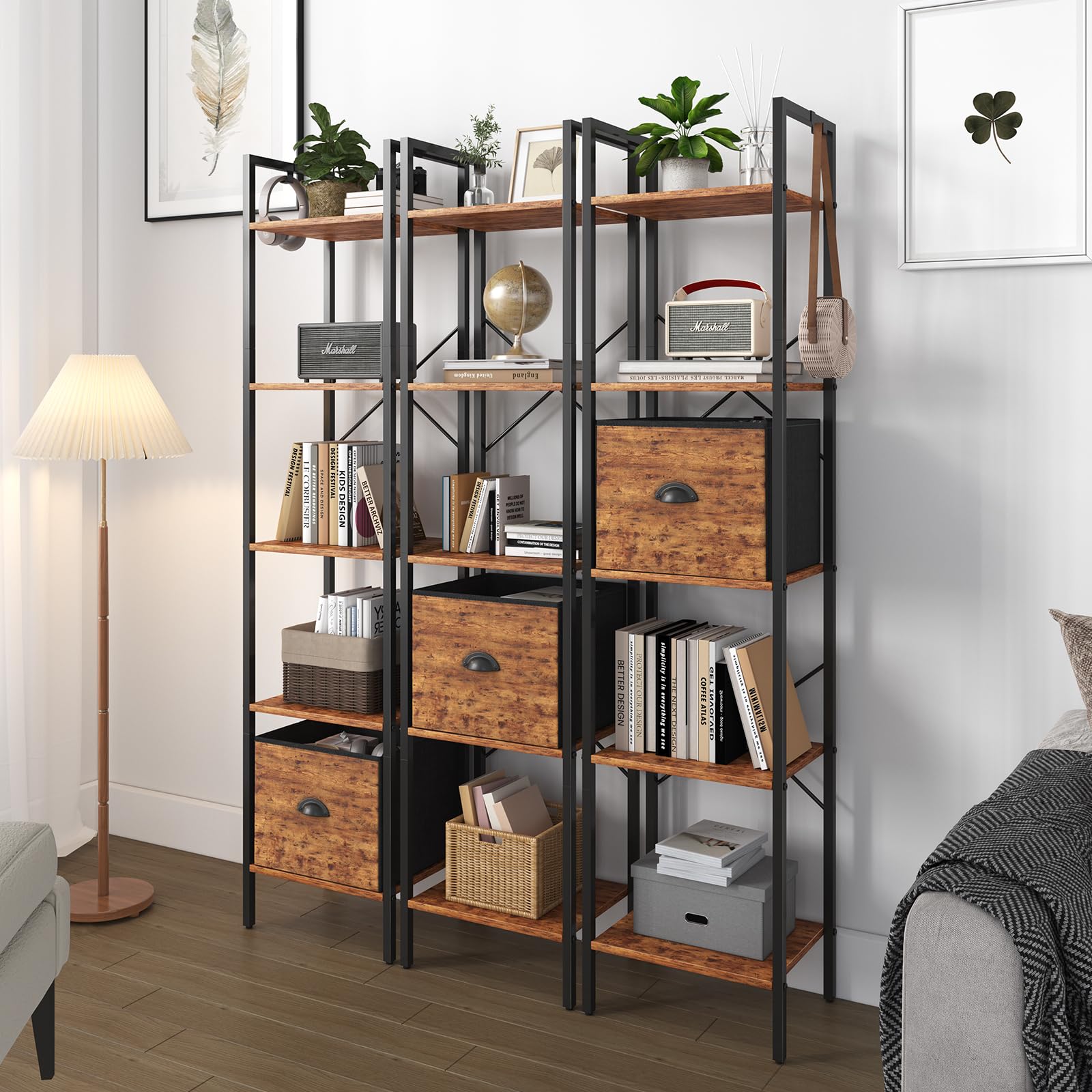 5 Tier Bookshelves,Tall Narrow Bookcases with Shelves, Bookcase Storage Organizer,Industrial Bookshelf with Drawer,Display shelves for Living Room, Bedroom ,Kitchen and Office, Rustic Brown