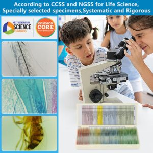 Microscope Slides for Kids Ages 8+, 60 Prepared Microscope Slides with Specimens of Animals Plants Microbe Cells and Histology Anatomy, Customized Prepared Slides for 3rd-8th Grade Kids Students