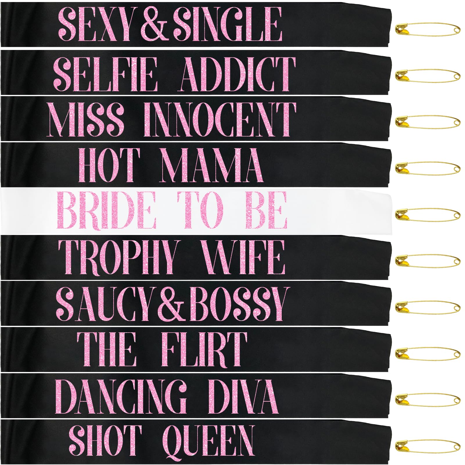 Generic 10 Pcs Bachelorette Party Sashes set - White Bride to Be Sash and Black Bridesmaid Sashes for Bachelorette Party Bridal Shower and Hen Party Decorations Favors (Glitter Hot Pink Letters)