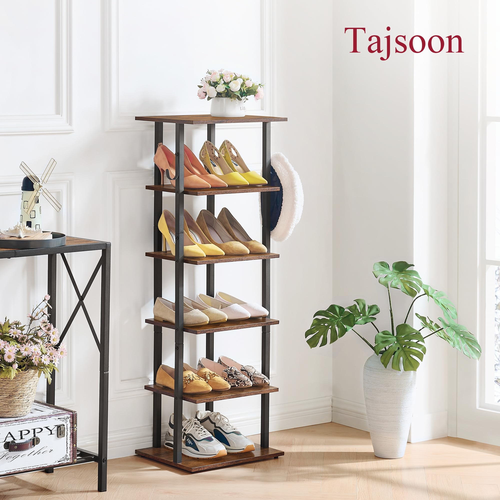 Tajsoon 6 Tier Tall Narrow Shoe Rack Organizer with 2 Hooks, Vertical Shoe Rack for Small Spaces, Shoe Shelf for 10-12 Pairs of Shoes, Small Shoe Rack for Closet, Entryway, Living Room, Bedroom