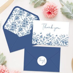 Whaline 36Pcs Blue Floral Thank You Cards with Envelope Stickers Wild Floral Thank You Note Cards for Wedding Bridal Shower Birthday Supplies